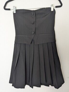 Iris Vested Mini Pleated Skirt Dress Strapless Off The Shoulder Size S Black